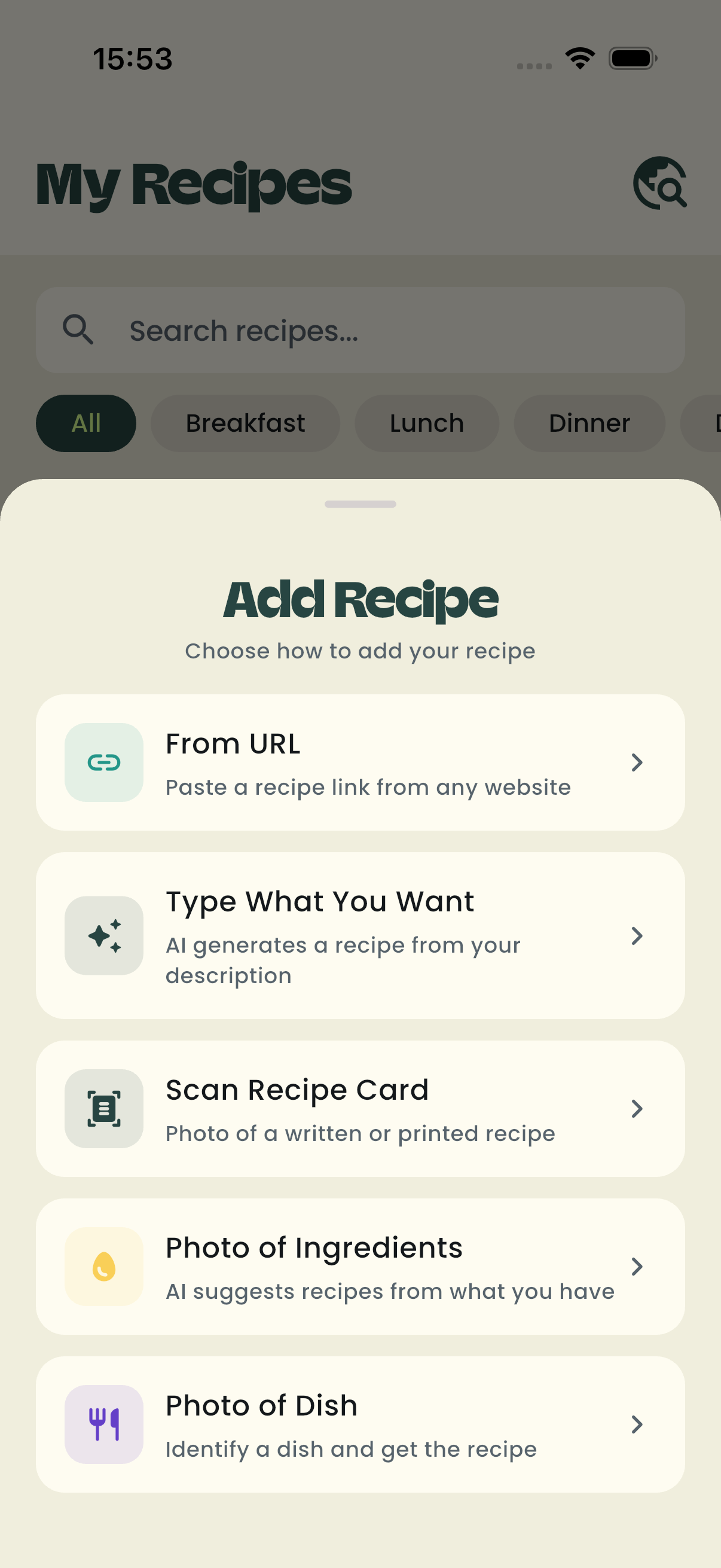RustleUp Add Recipe sheet — from URL, typed craving, scanned card, or photo