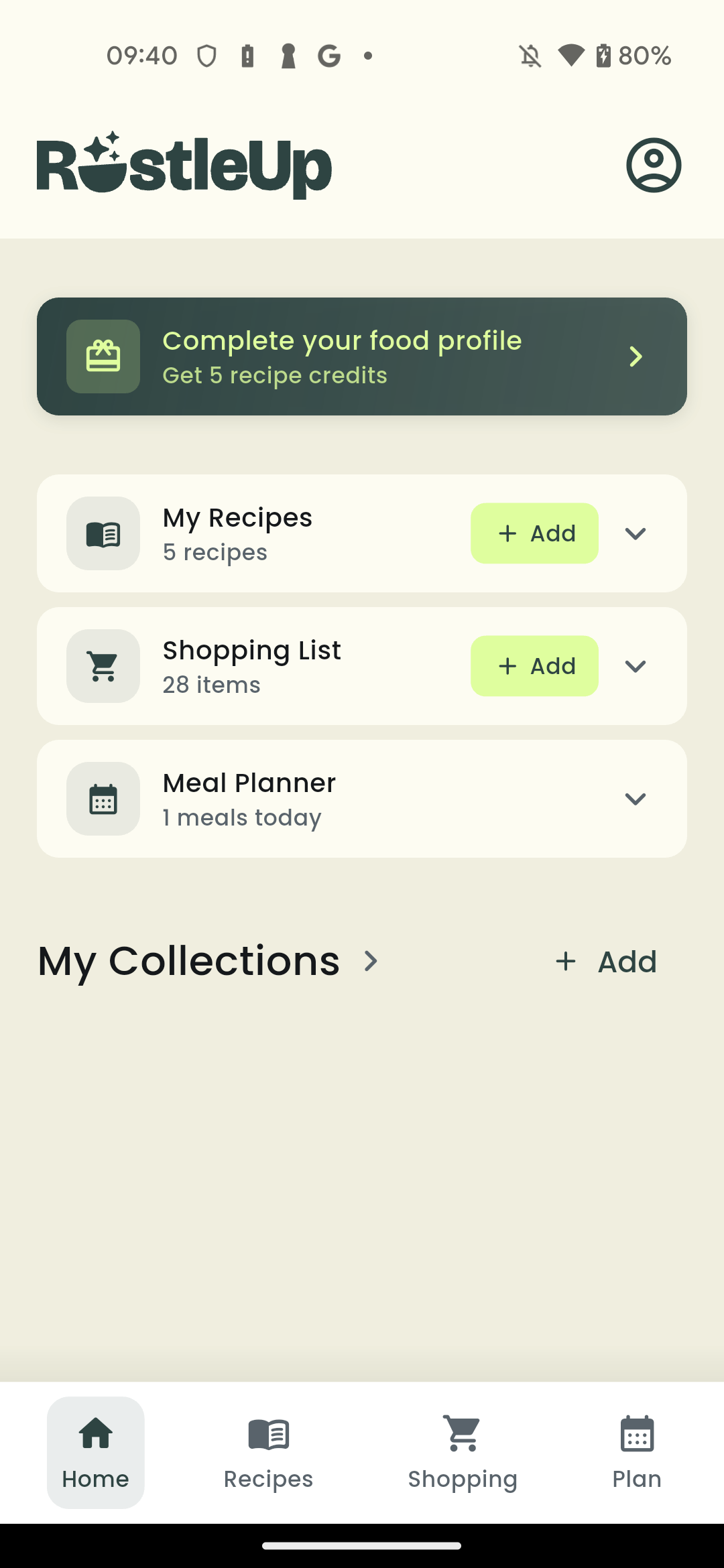 RustleUp home screen — My Recipes, Shopping List and Meal Planner in one place