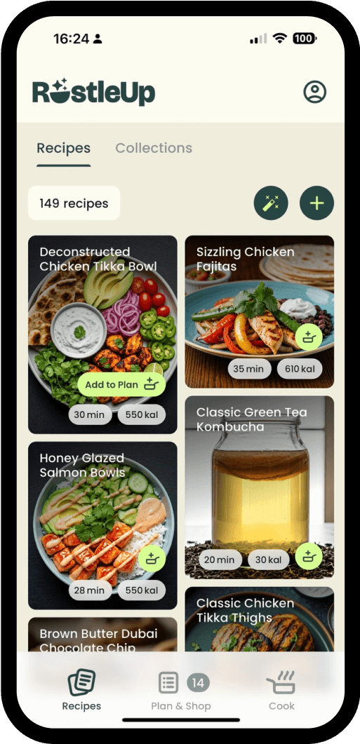RustleUp cookbook — a populated grid of saved recipes
