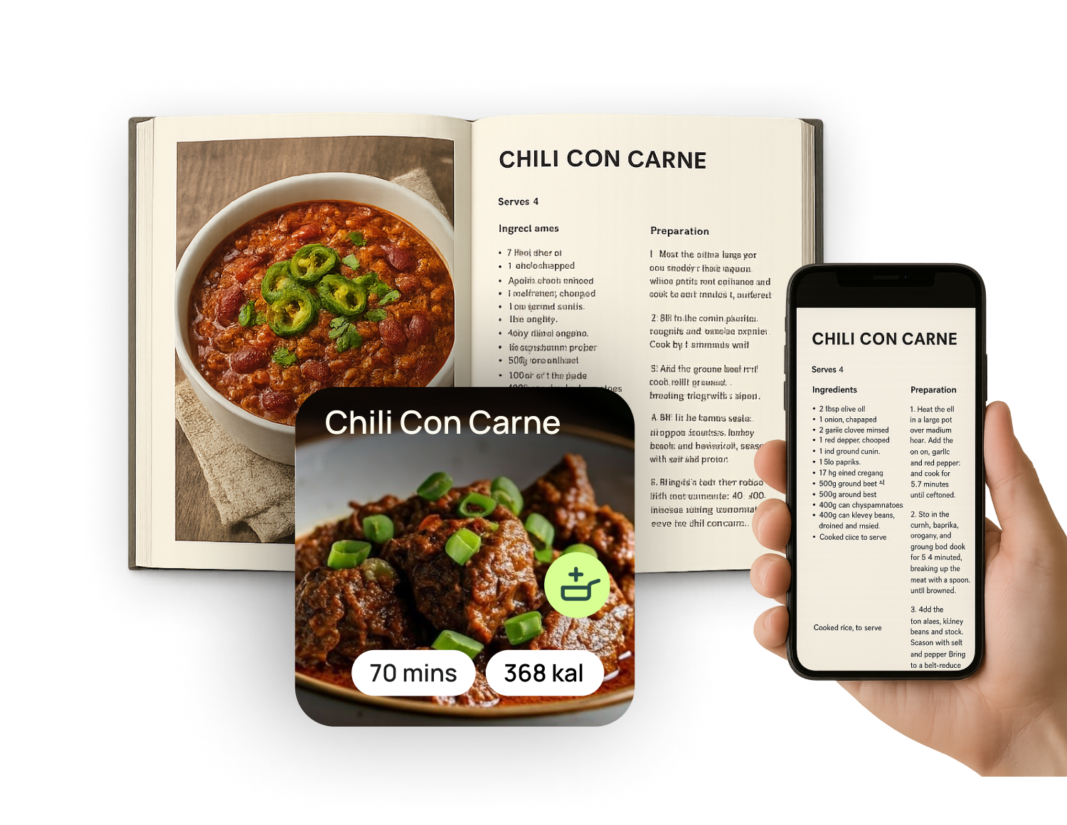 A cookbook page photographed on a phone becoming a clean RustleUp recipe card