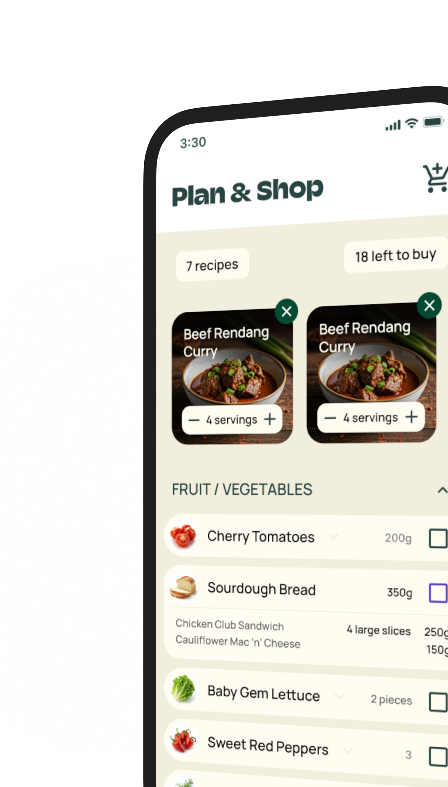 RustleUp Plan & Shop — planned recipes with servings and an aisle-grouped list